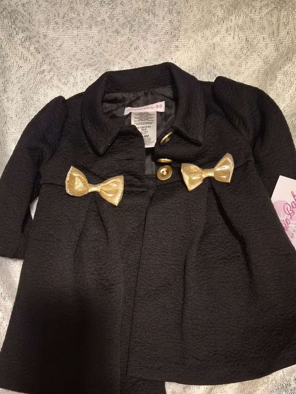 Bonnie Baby Black Pea Coat with Gold Bow Accents
